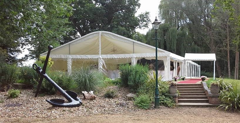 12m marquee hire in Hampshire with clear gable and walkway entrance